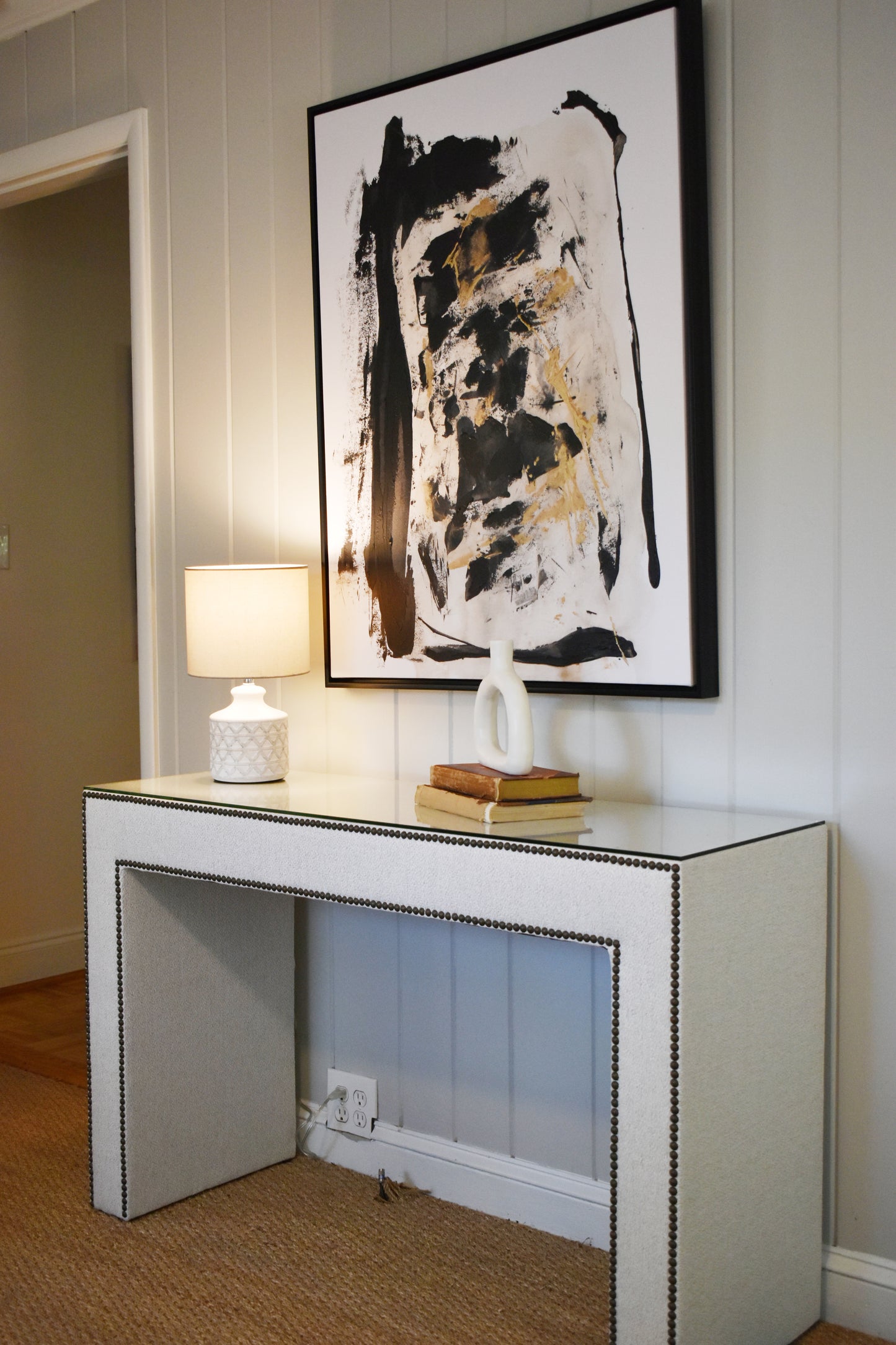 Upholstered Console w/ Glass Sugarshack Glacier Brass
