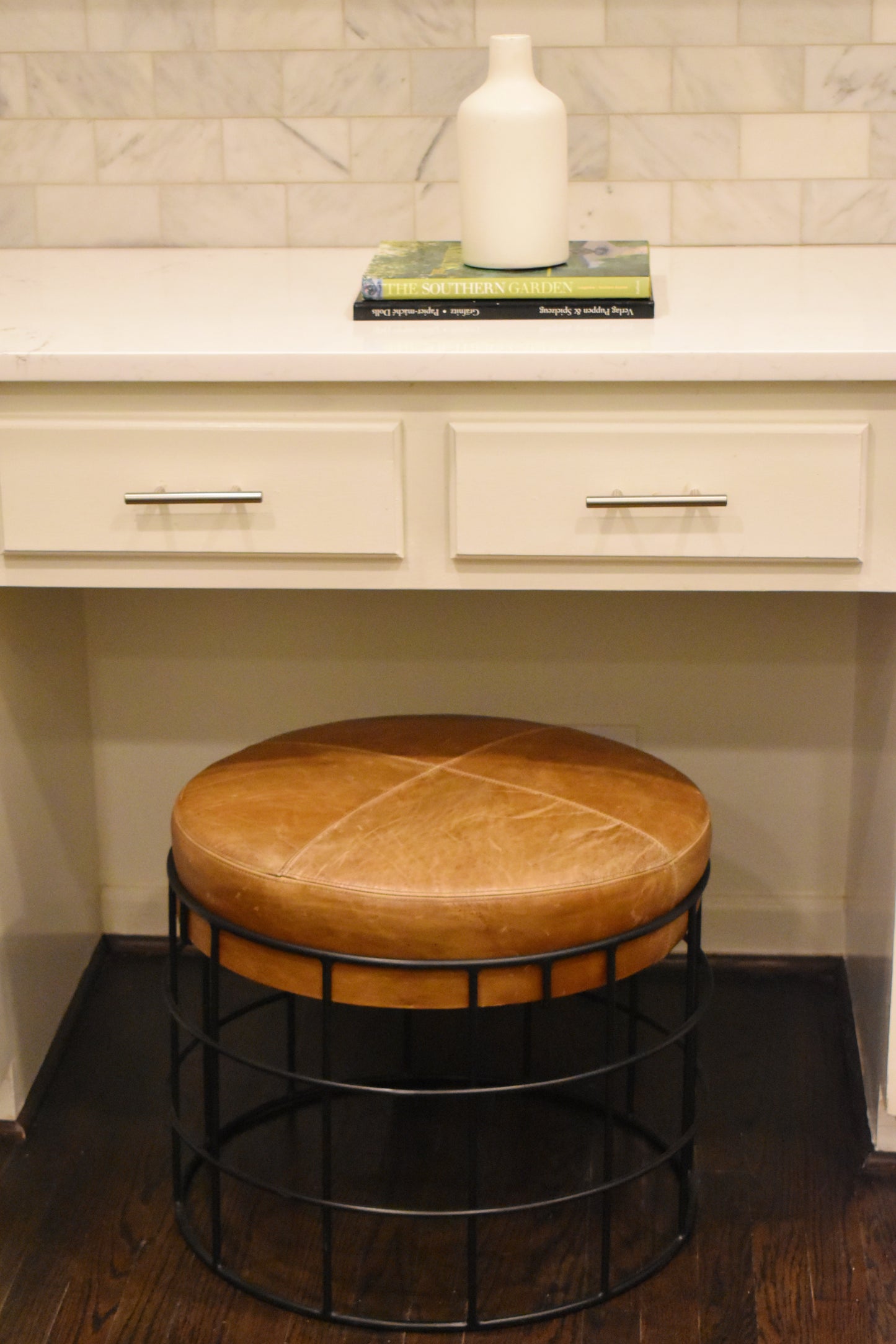 Brown Leather and Iron Ottoman