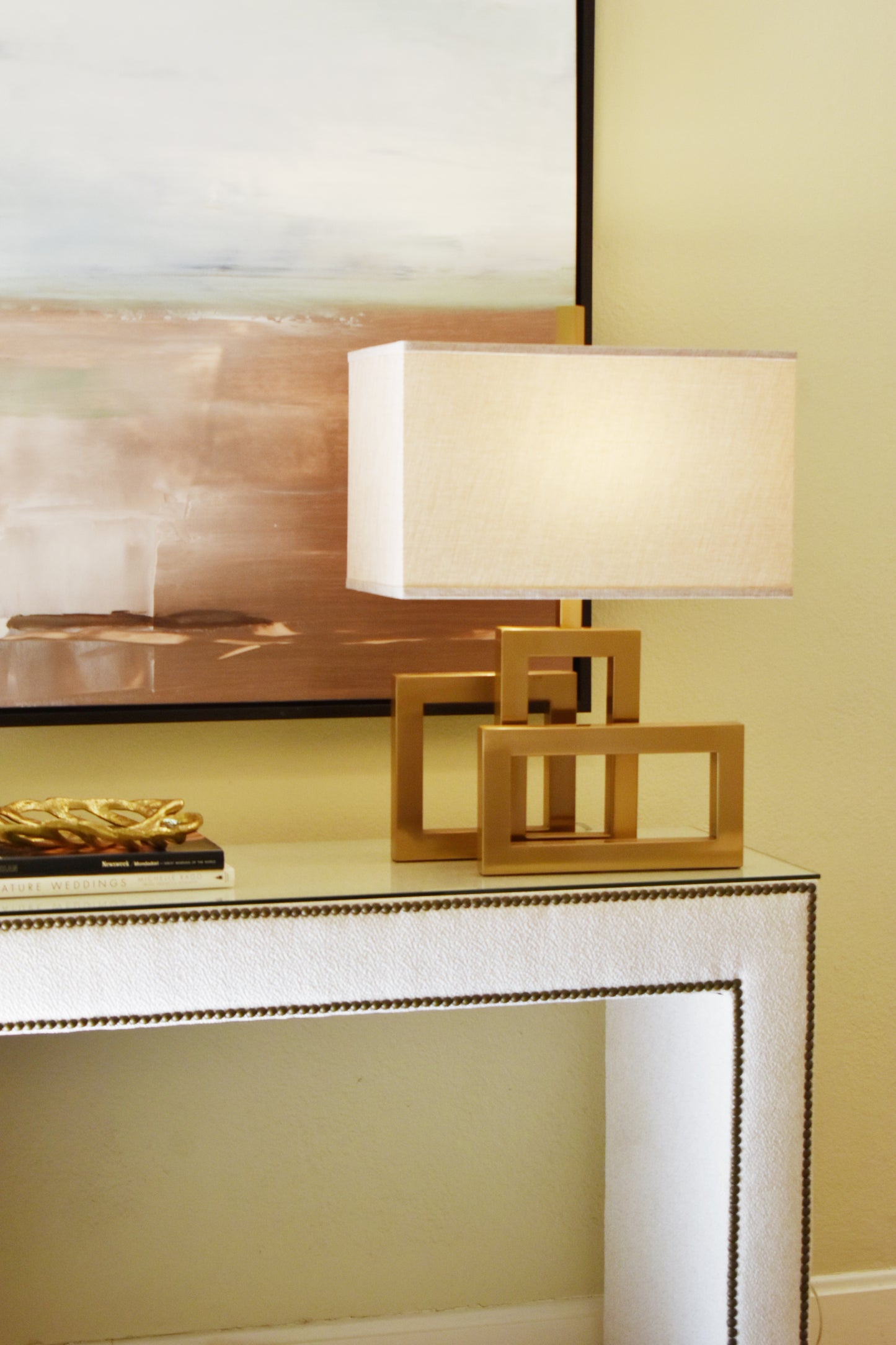 Upholstered Console w/ Glass Sugarshack Glacier Brass
