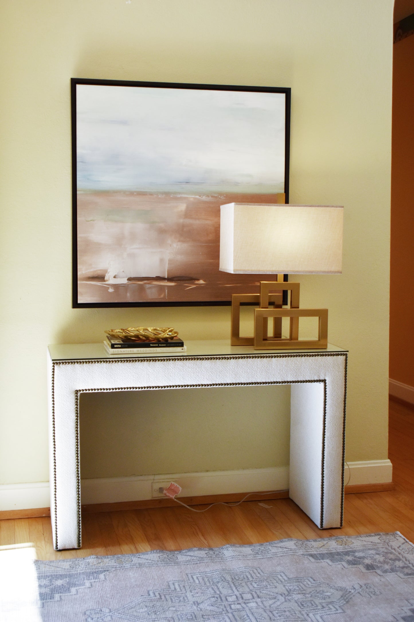 Upholstered Console w/ Glass Sugarshack Glacier Brass