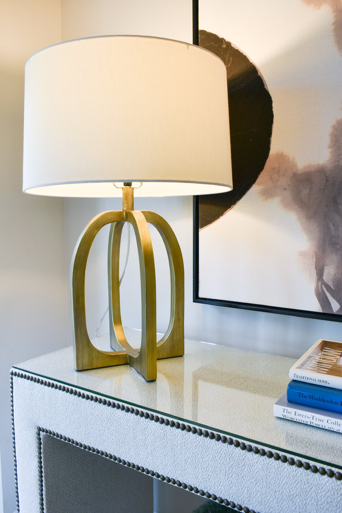 Upholstered Console, Bopper Natural/Antique Brass Nailheads