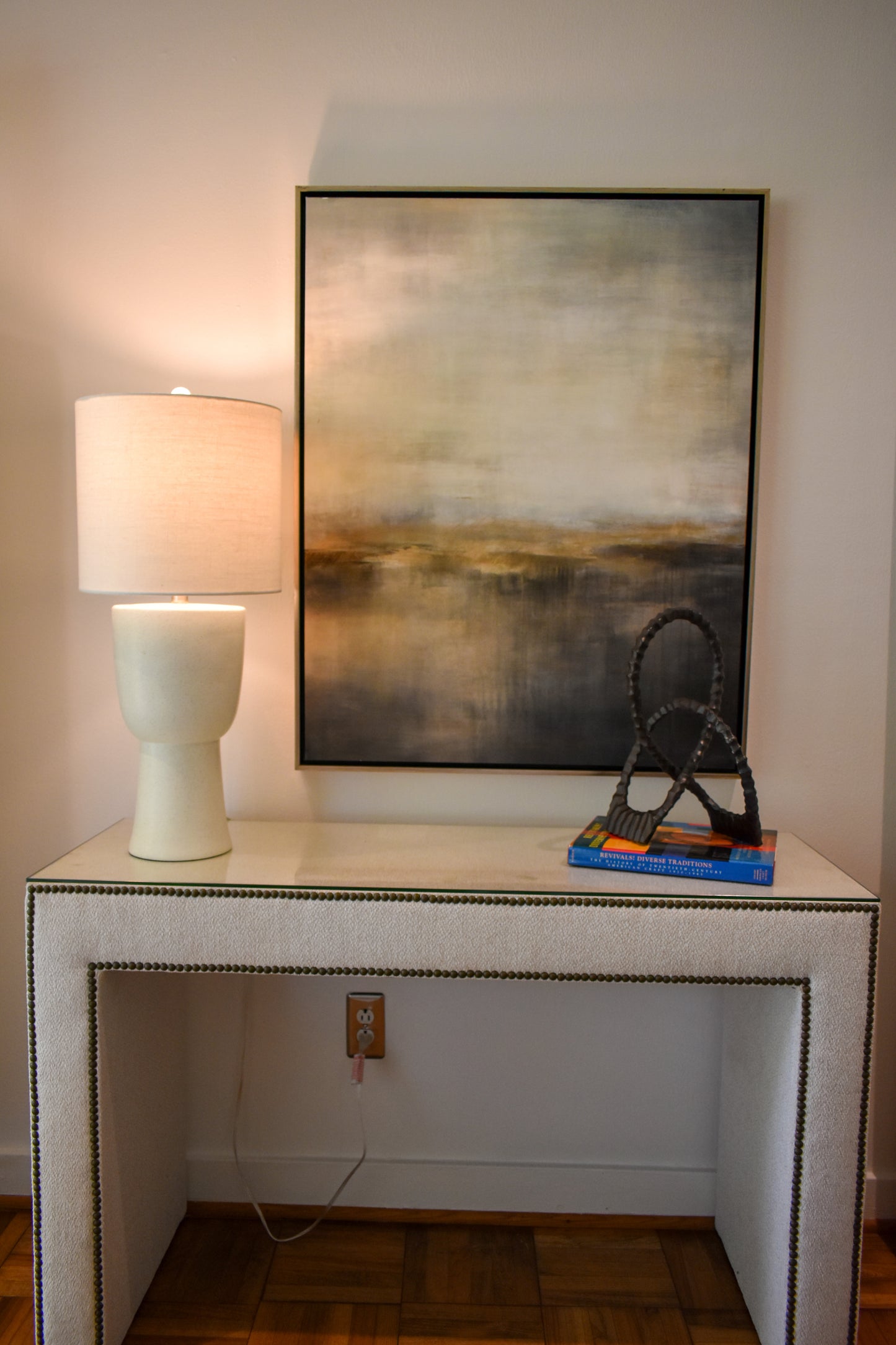 Upholstered Console w/ Glass Sugarshack Glacier Brass
