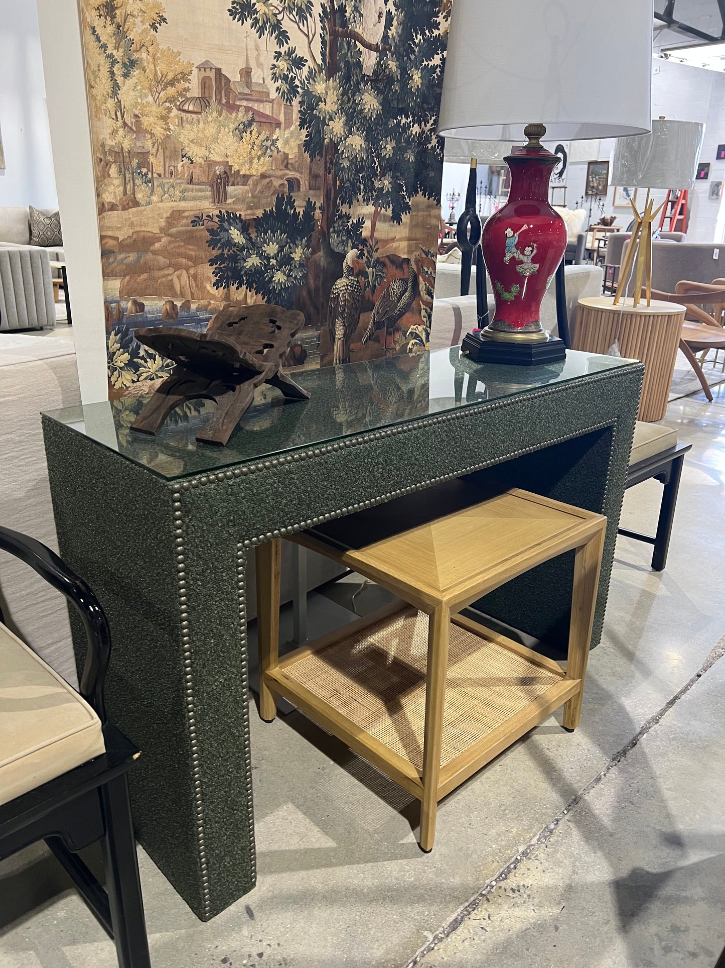 Upholstered Console, Indus Kelp/Antique Brass Nailheads