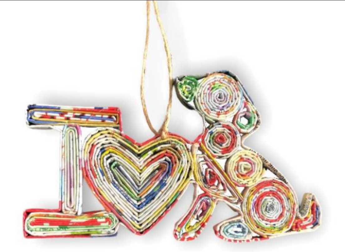 Recycled Newspaper I Love Dog Ornament
