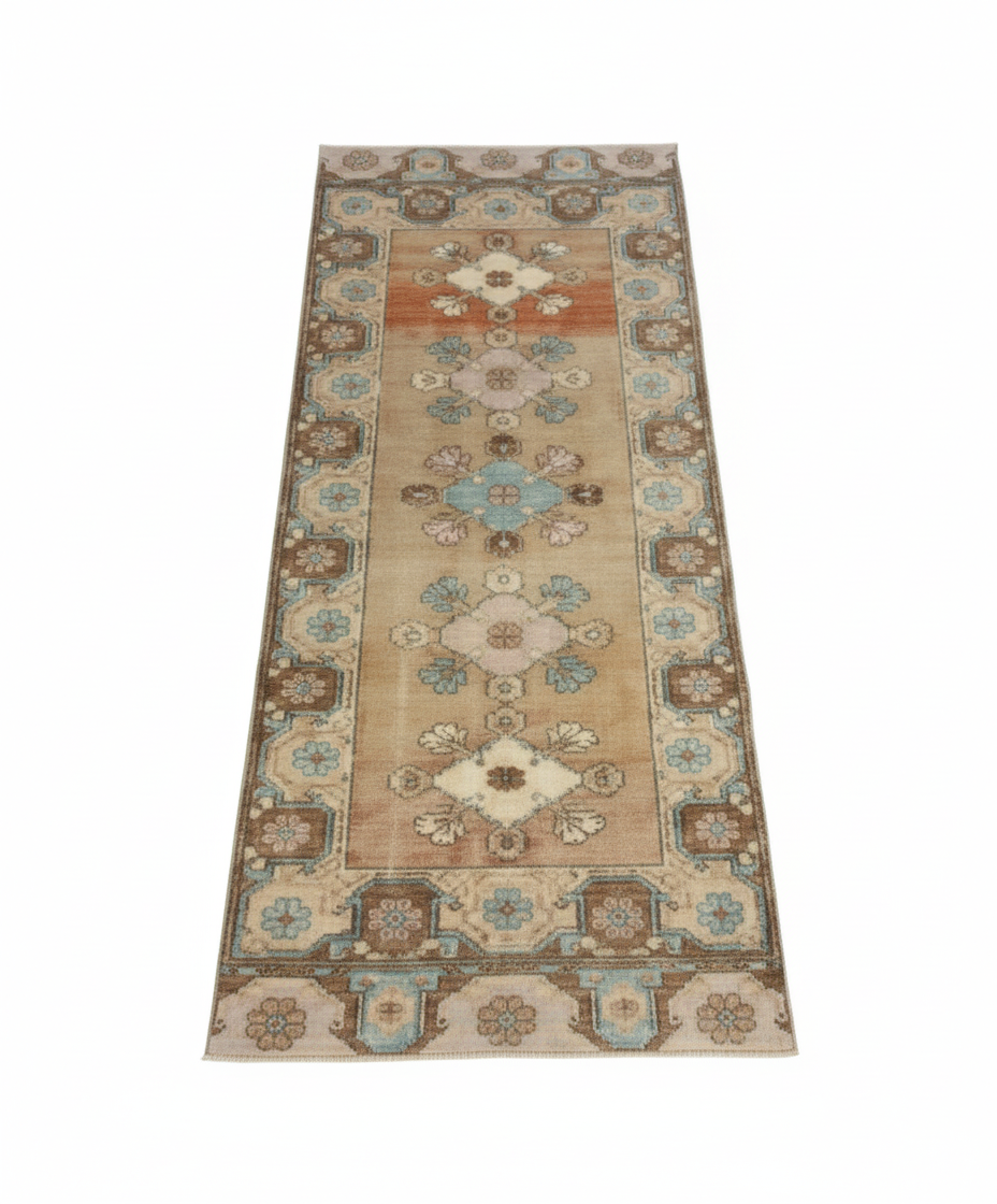 Oushak Runner, Tan with Colored Accents