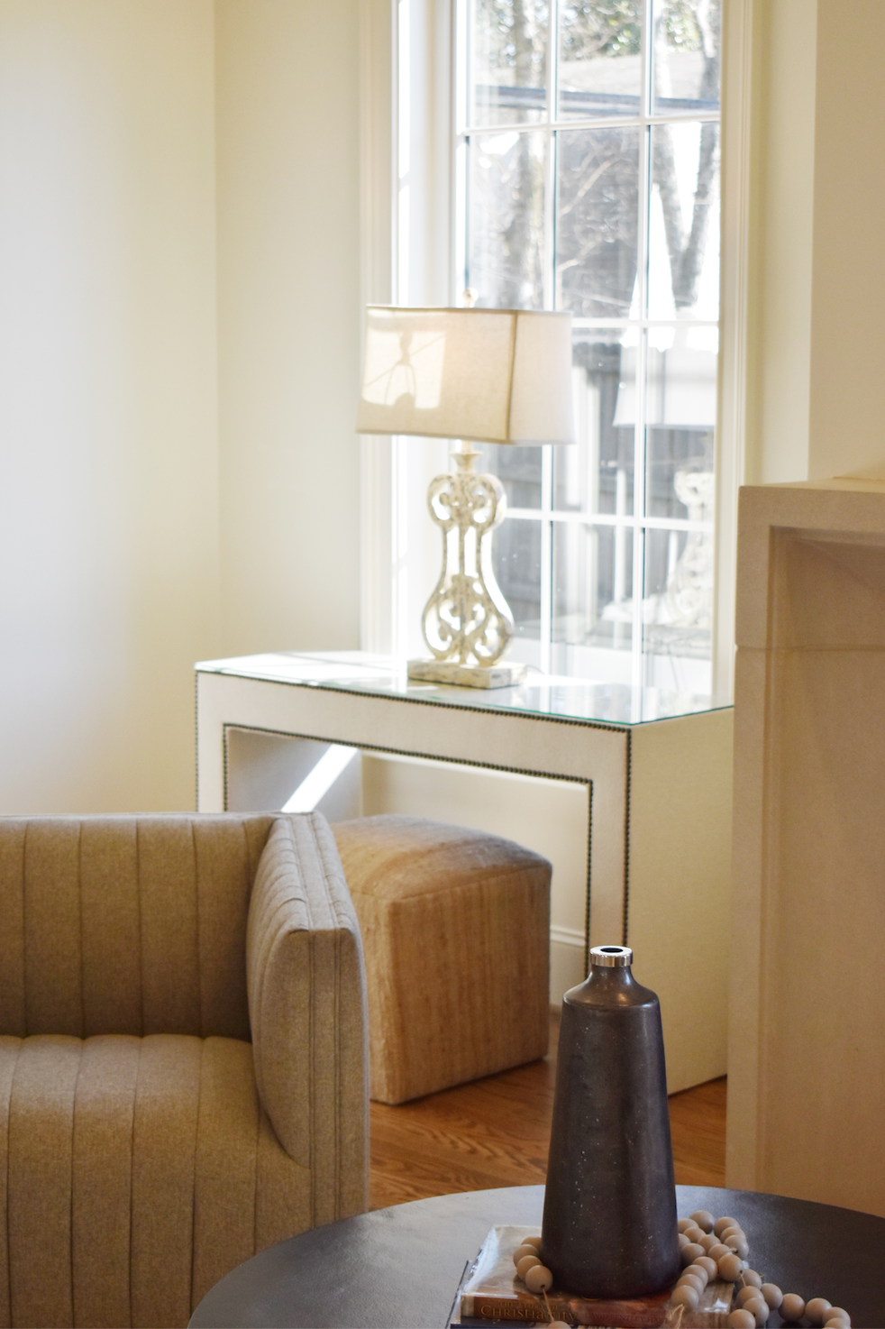 Upholstered Console w/ Glass Sugarshack Glacier Brass