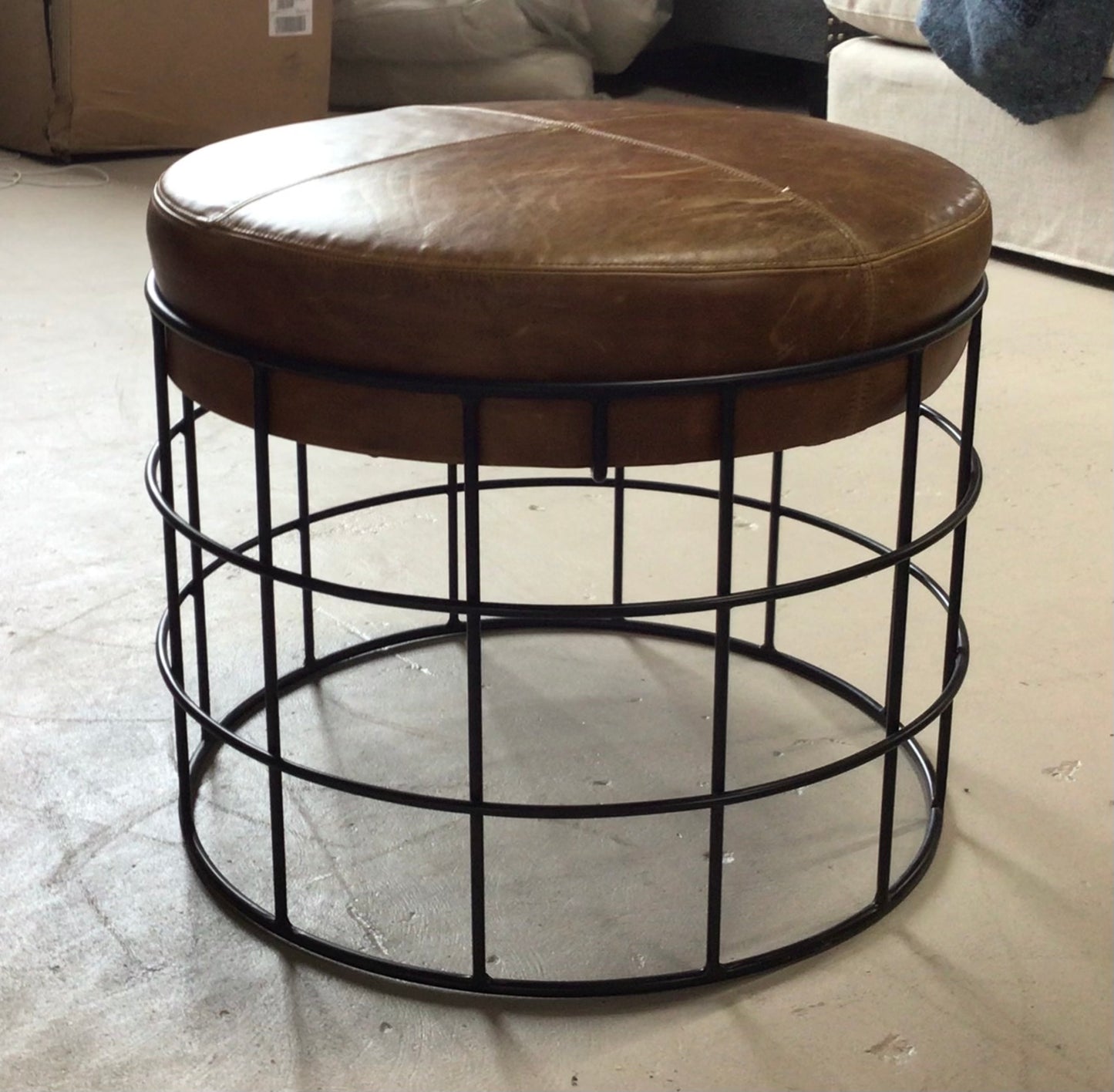 Brown Leather and Iron Ottoman
