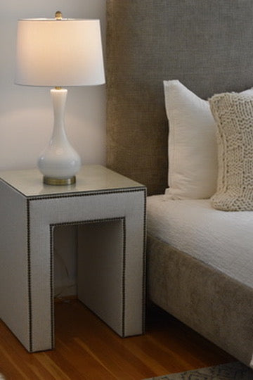 HB Side Table, Phat Cream/Antique Brass Nailheads
