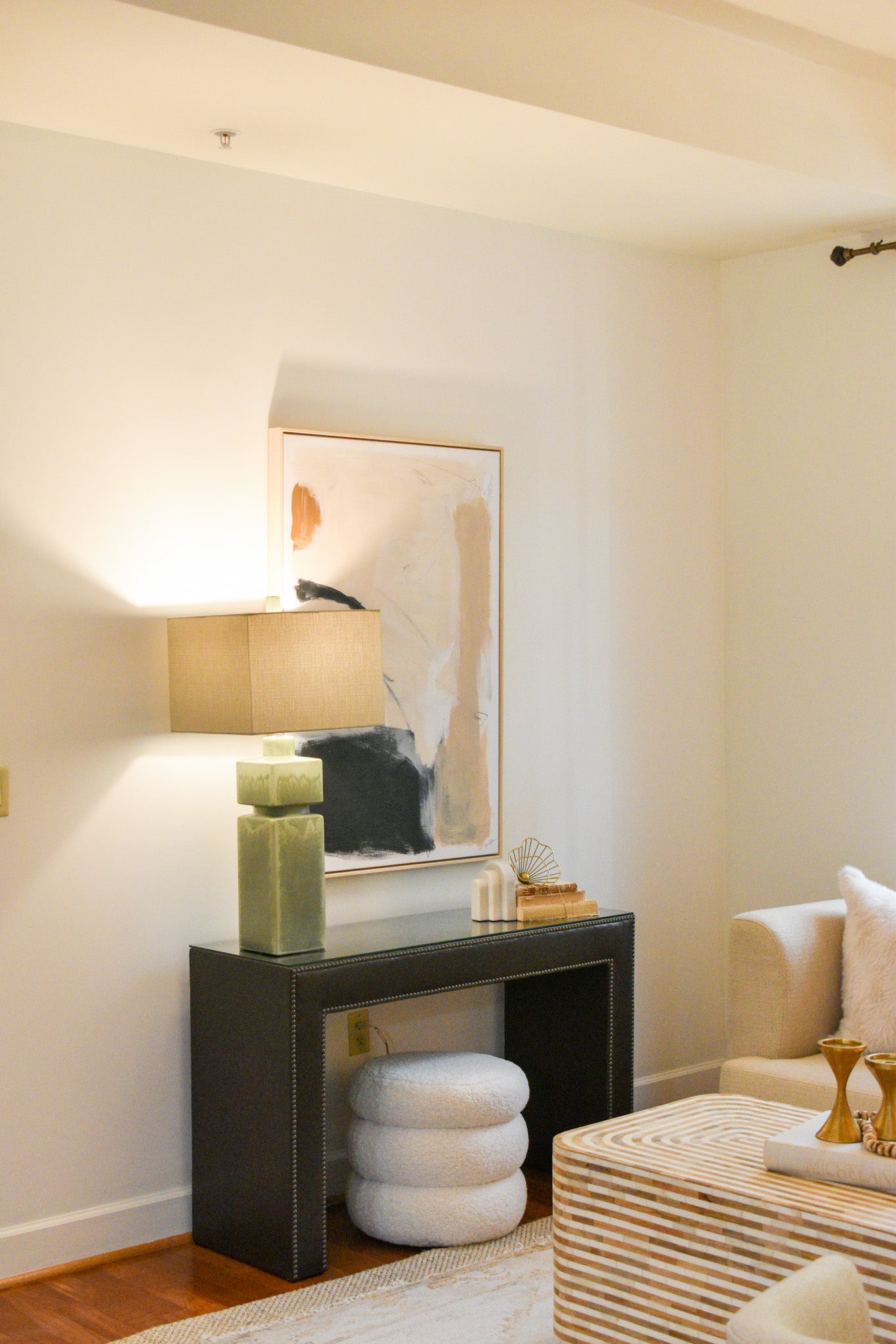 Upholstered Console, Avanti Walnut/Antique Brass Nailheads