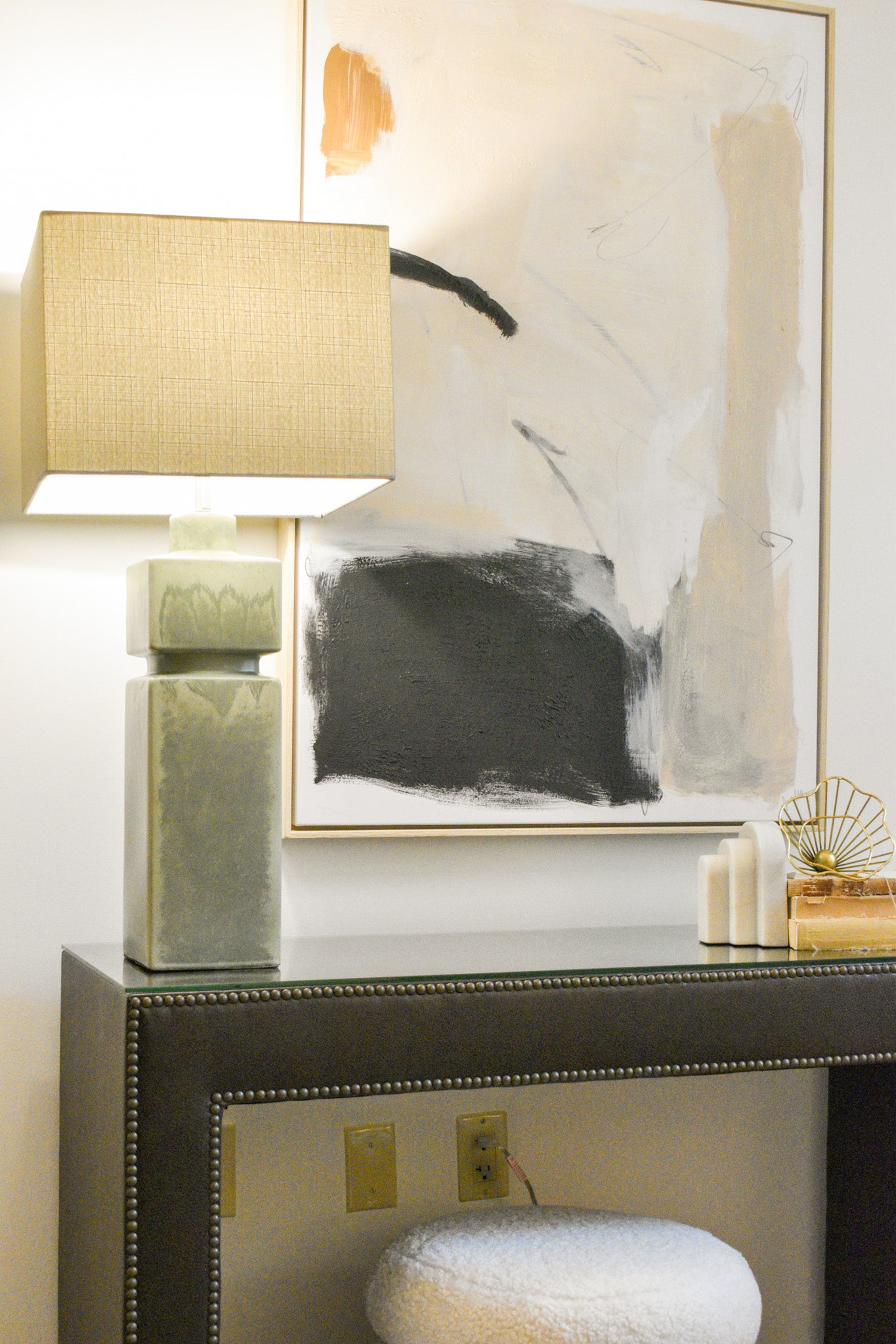 Upholstered Console, Avanti Walnut/Antique Brass Nailheads