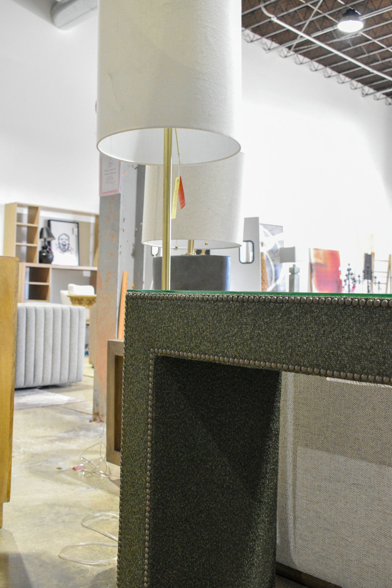 Upholstered Console, Indus Kelp/Antique Brass Nailheads