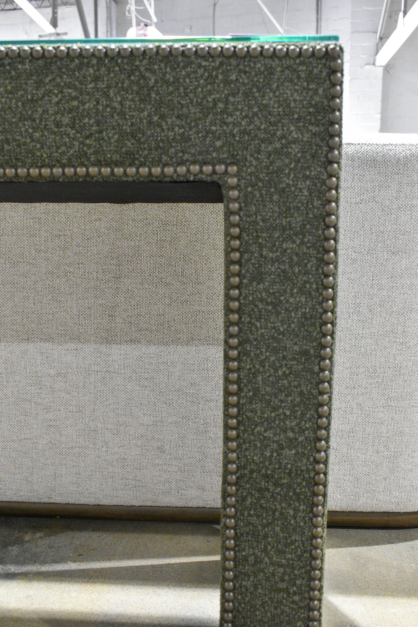 Upholstered Console, Indus Kelp/Antique Brass Nailheads