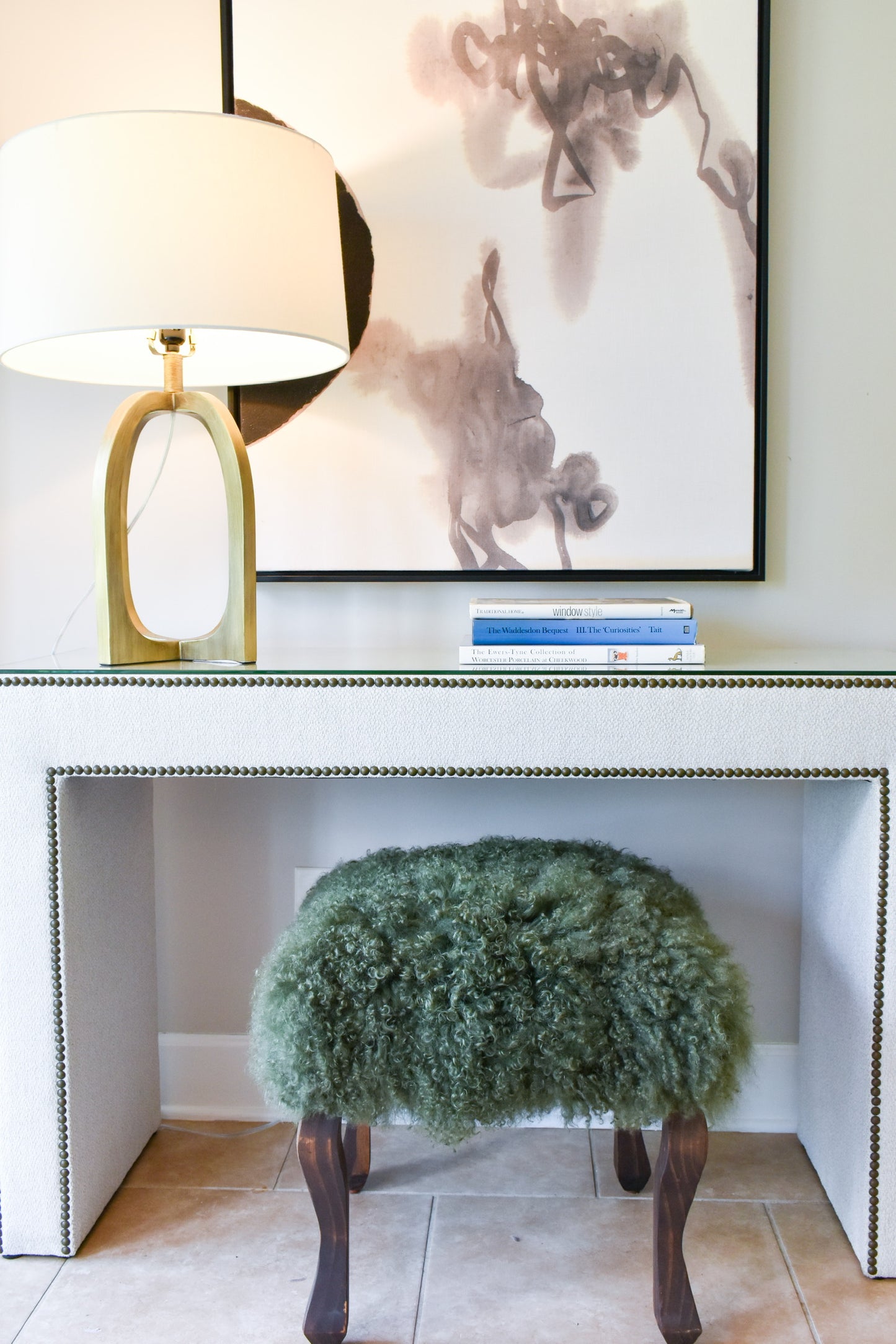 Upholstered Console, Bopper Natural/Antique Brass Nailheads