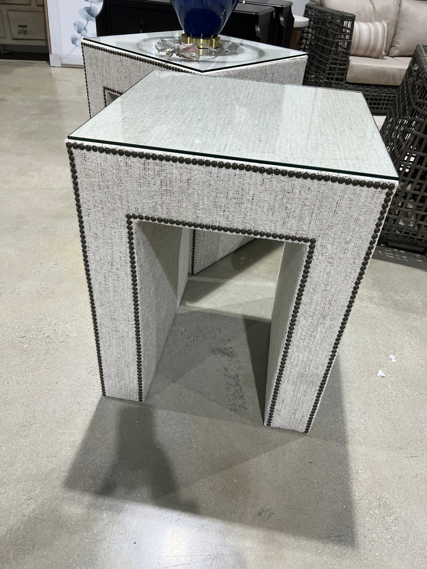 HB Side Table, Phat Cream/Antique Brass Nailheads