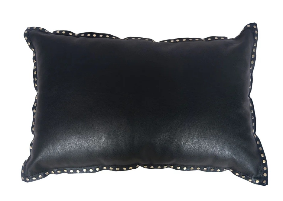 Midnight Black Leather Studded Flanged Lumbar Pillow