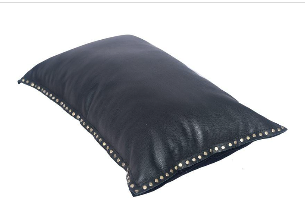 Midnight Black Leather Studded Flanged Lumbar Pillow