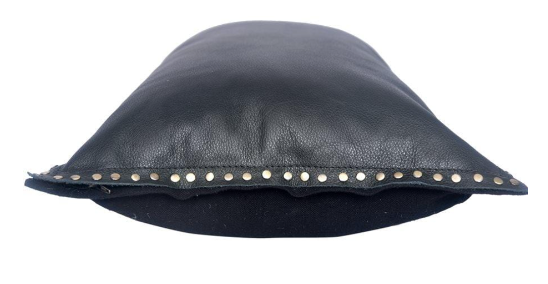 Midnight Black Leather Studded Flanged Lumbar Pillow