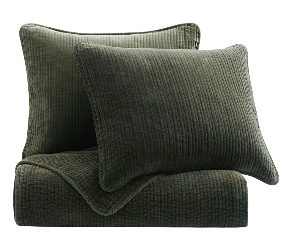 Stonewashed Cotton Velvet Quilt Set/Queen/Fern Green
