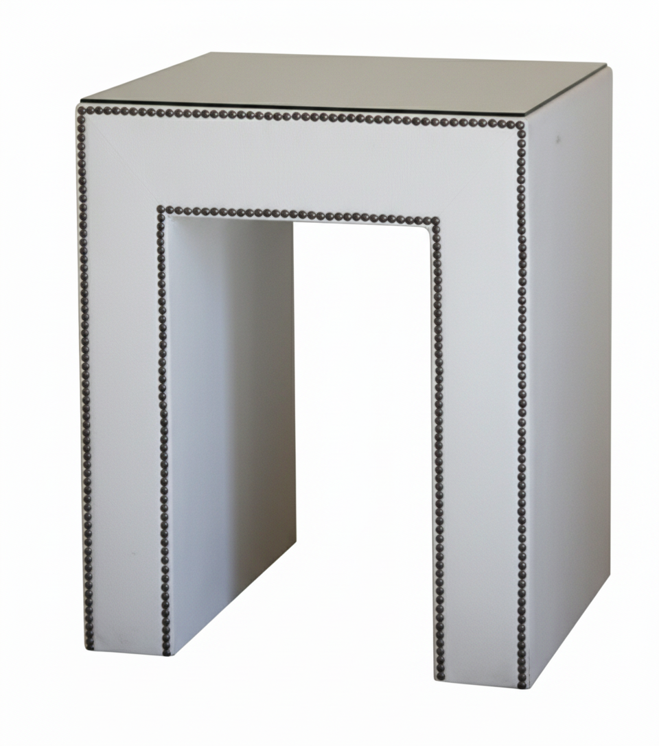 Upholstered Side Table, Bopper Natural/Antique Brass Nailheads
