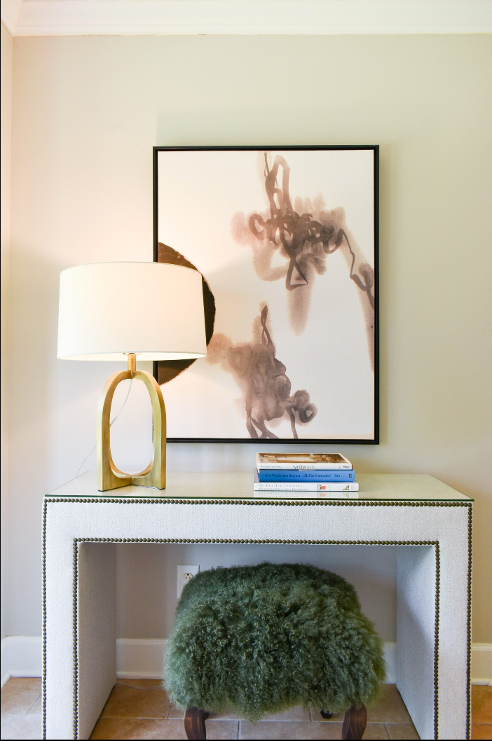 Upholstered Console, Bopper Natural/Antique Brass Nailheads