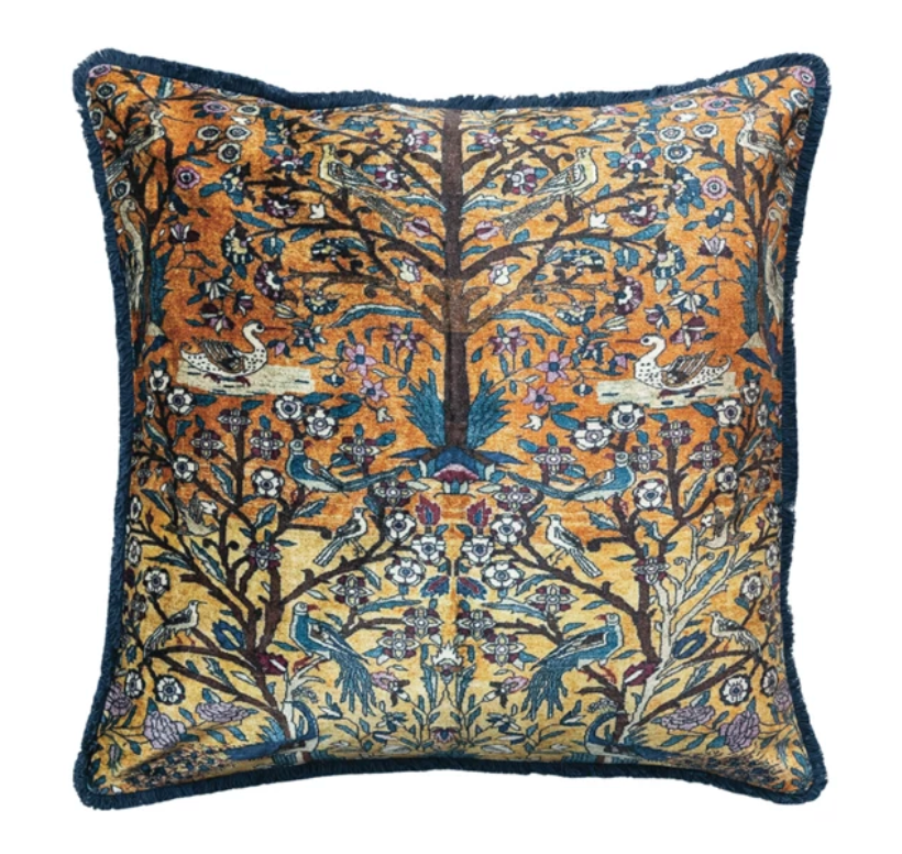 Square Cotton Blend Velvet Printed Pillow w/ Vintage Carpet Pattern