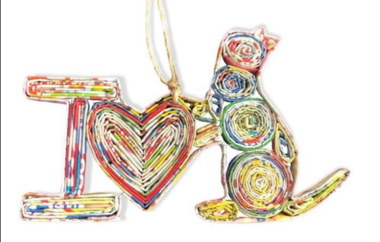 Recycled Newspaper I Love Cat Ornament