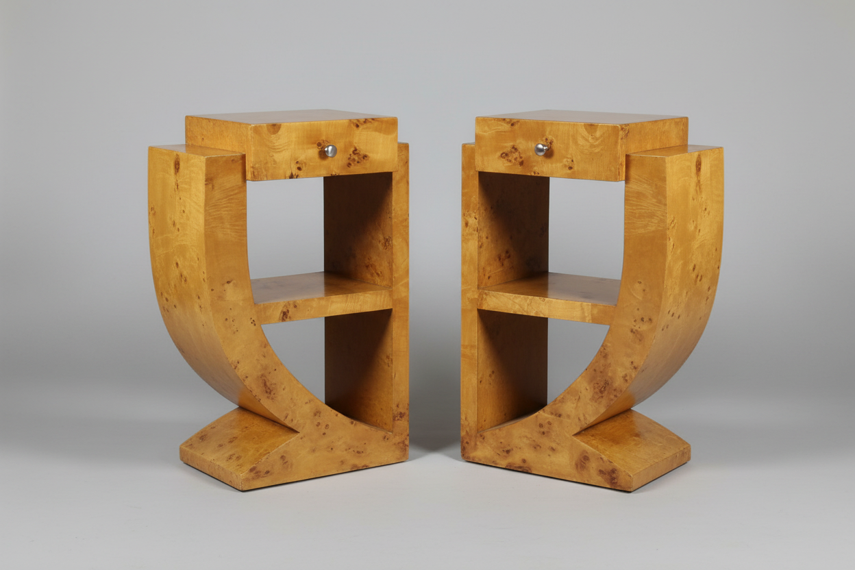 Art Deco Vintage Side Table Set Burl Wood