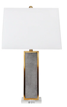 Load image into Gallery viewer, grey metal table lamp trimmed in gold on crystal base