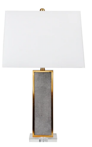 grey metal table lamp trimmed in gold on crystal base